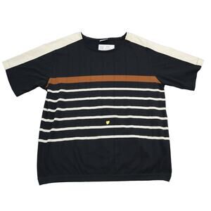 Bay Club Shirt Womens L Black Pinstriped Short Sleeve Round Neck Top